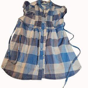 Blue & White Plaid shirt Smocked Front Button-Up Tunic Waist Tie XL cabincore 90